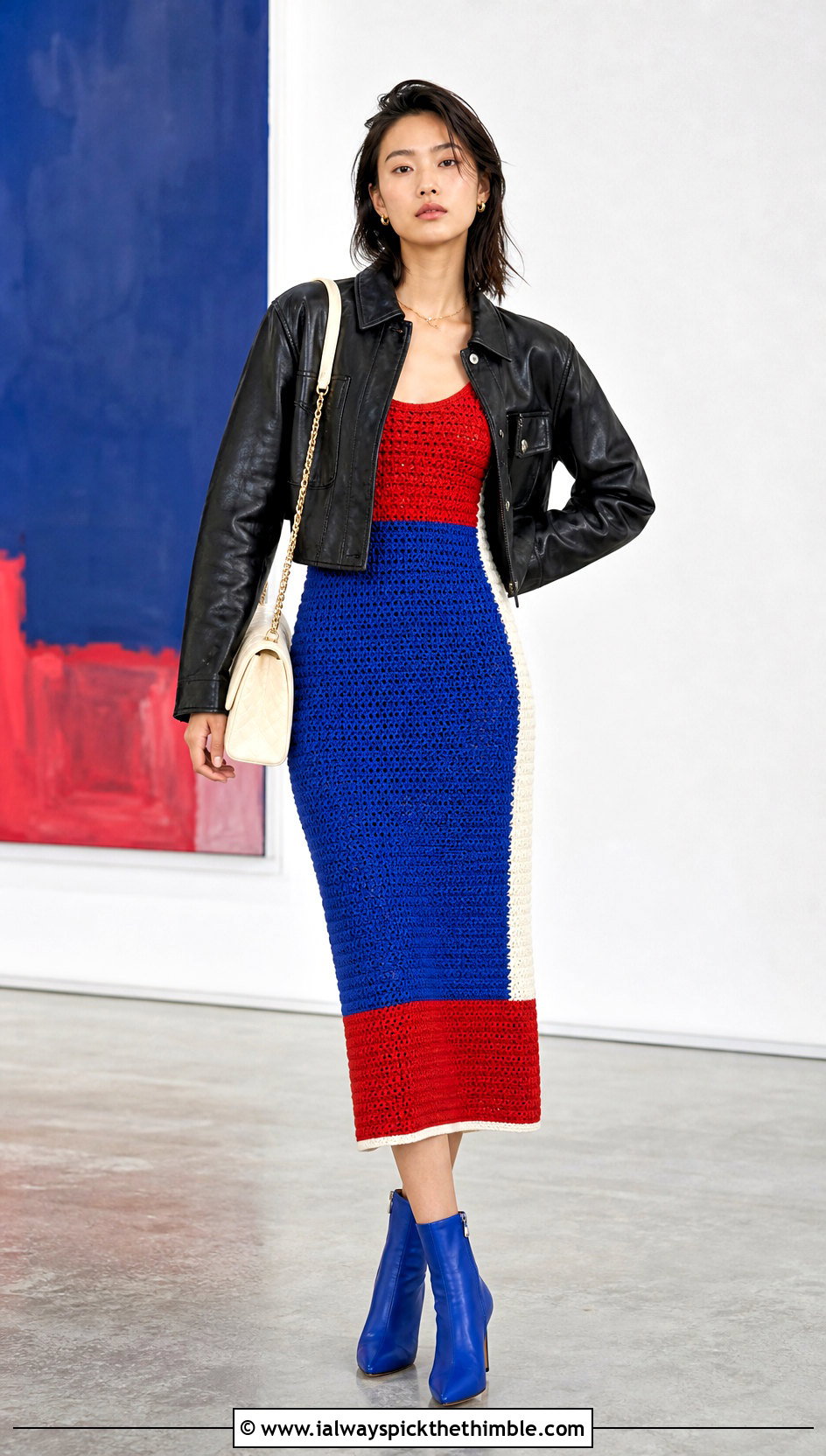 Chanel Crochet Colorblock Dress With Ankle Boots - 20 chanel crochet dress outfit ideas