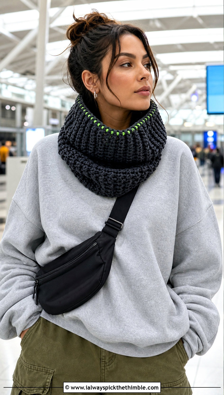 Charcoal Cowl Crochet Scarf With Sweatshirt And Cargo Pants - 15 neutral tone crochet scarf outfit ideas