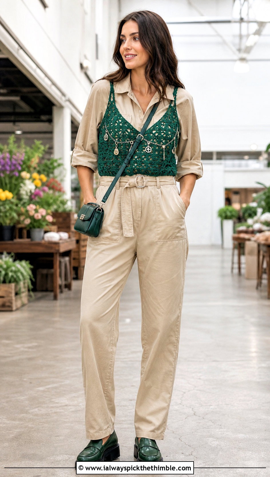 Charm Chain Crochet Camisole With Utility Jumpsuit - 20 crochet top with chains outfit ideas