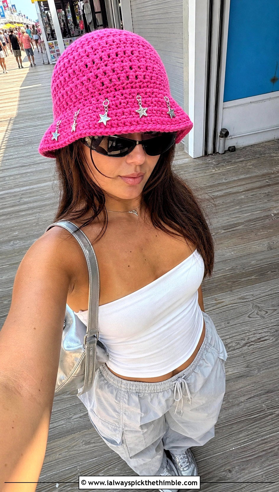 Charm Crochet Bucket Hat With Tube Top And Parachute Pants - 20 summer crochet bucket hat outfit ideas