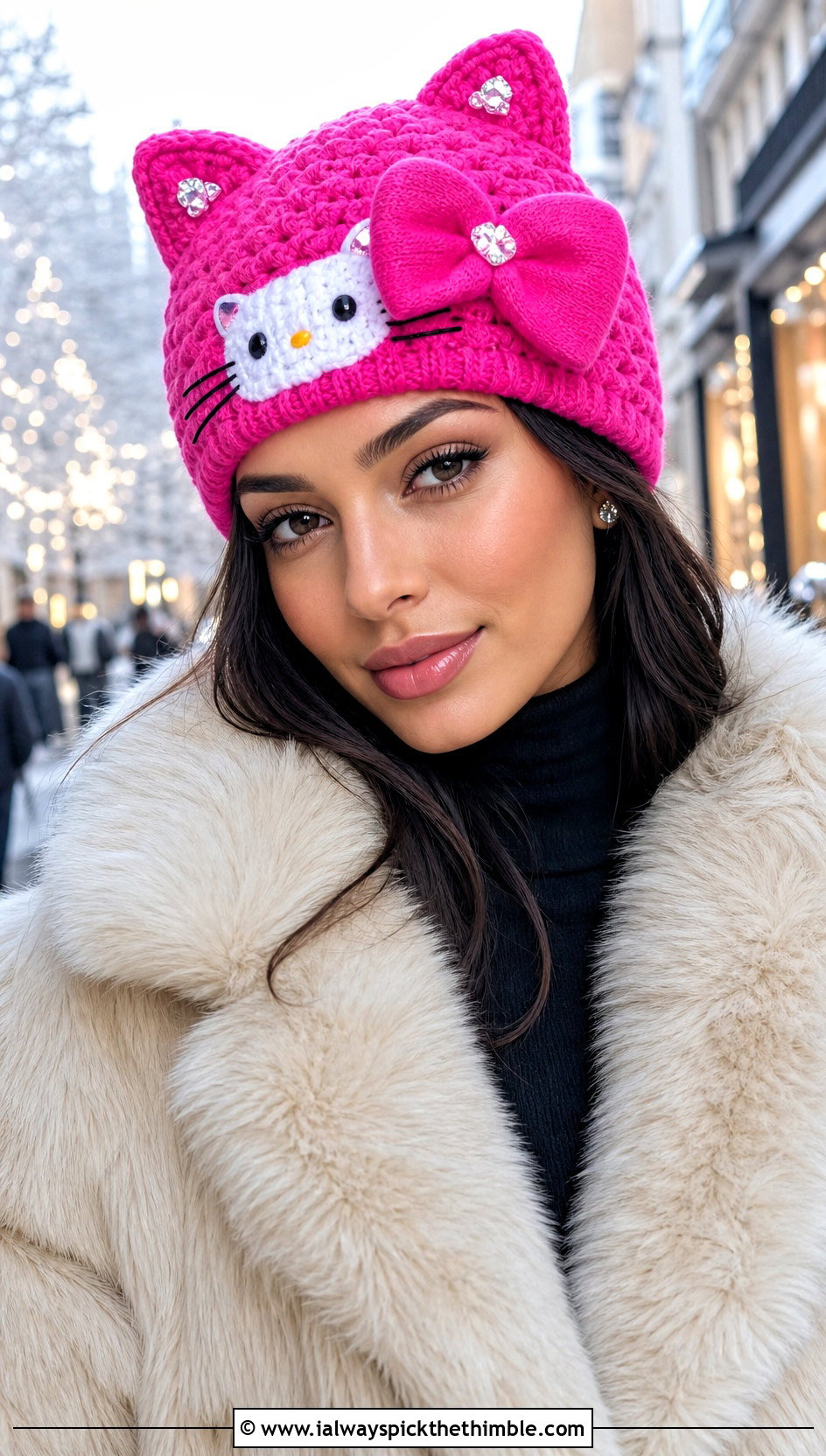 Charmmy Kitty Bow Crochet Beanie With Faux Fur Jacket - 20 sanrio crochet beanie outfit ideas