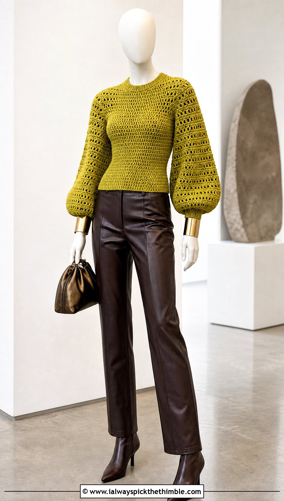 Chartreuse Balloon Sleeve Crochet Sweater With Leather Pants - 15 Green Crochet Sweater On Mannequin outfit ideas