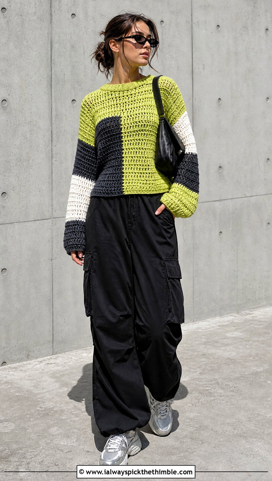 Chartreuse Color Block Crochet Sweater With Cargo Pants - 15 bright crochet sweater design outfit ideas