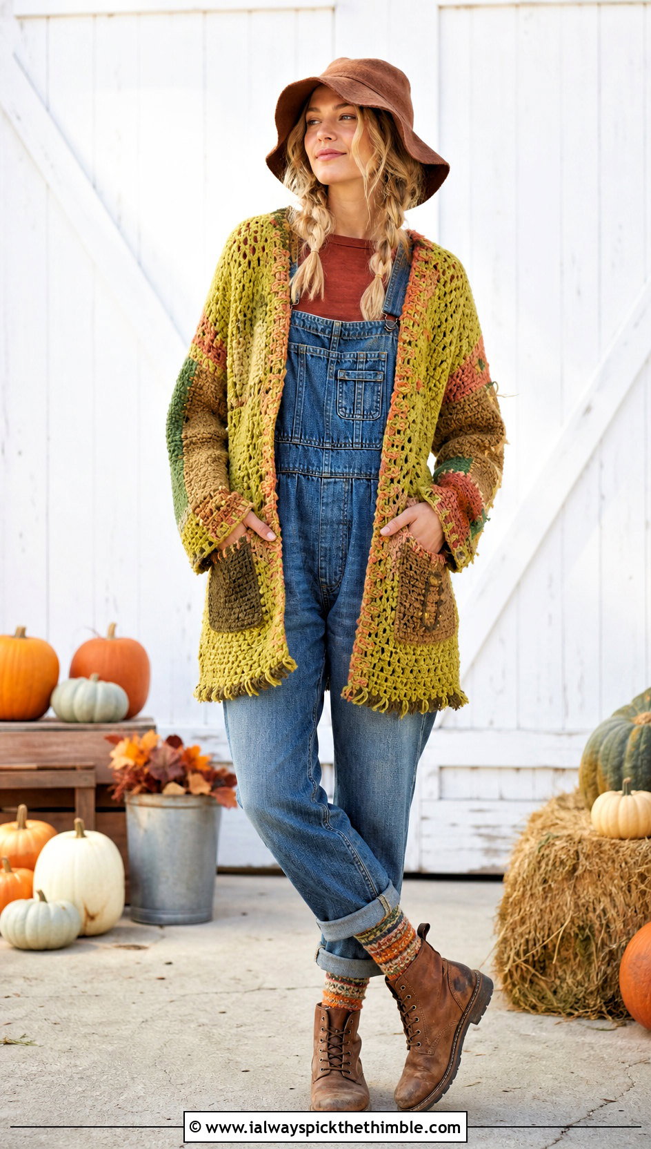 Chartreuse Crochet Scarecrow Cardigan And Overalls Costume - 15 crochet halloween costumes women outfit ideas