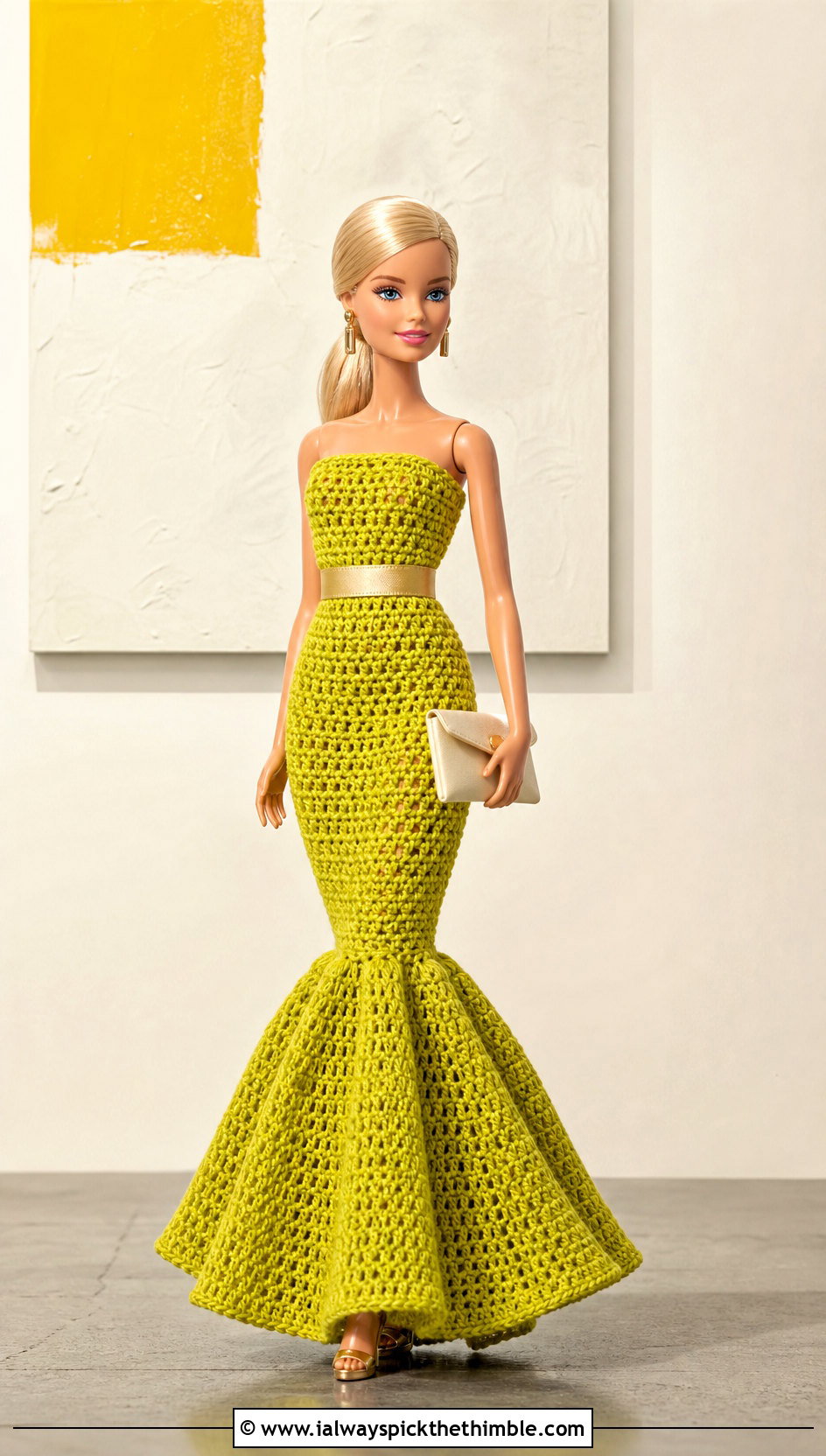 Chartreuse Mermaid Crochet Barbie Ball Gown - 20 crochet barbie ball gowns outfit ideas