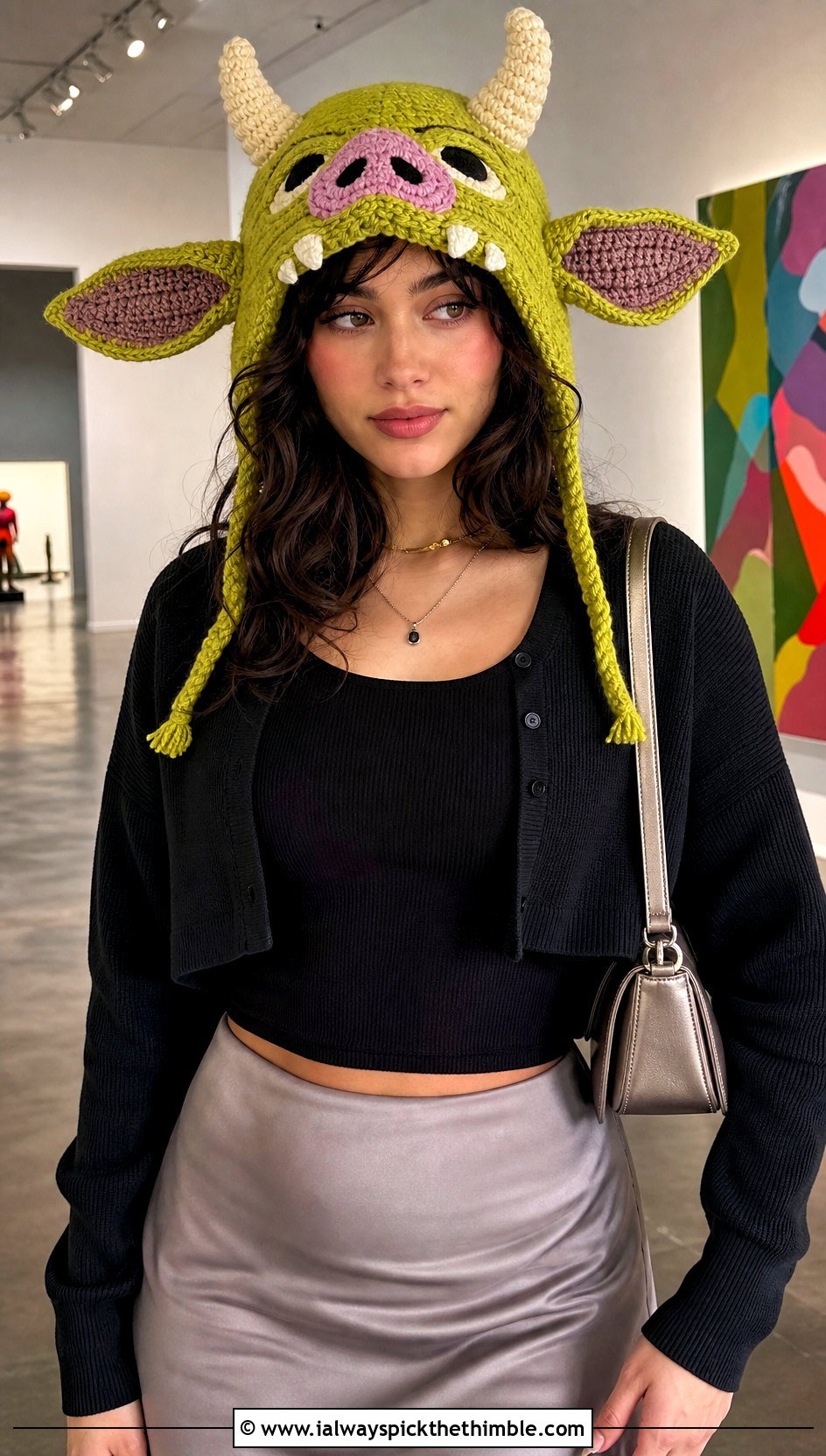 Chartreuse Open Face Bokoblin Crochet Hood With Satin Skirt - 15 Bokoblin Crochet Hat outfit ideas