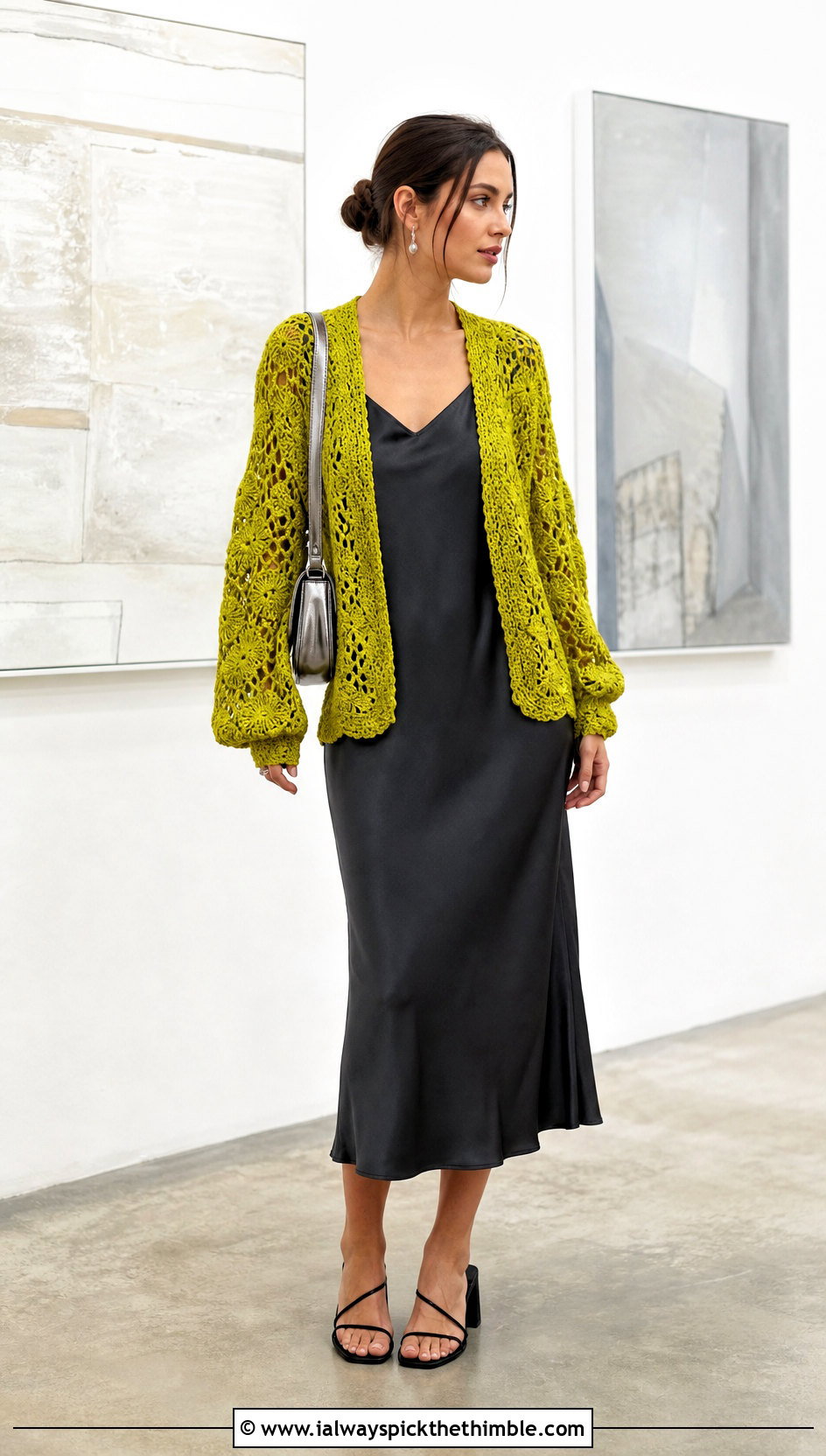 Chartreuse Sunset Crochet Sweater Over A Slip Dress - 20 Sunset Crochet Sweater outfit ideas