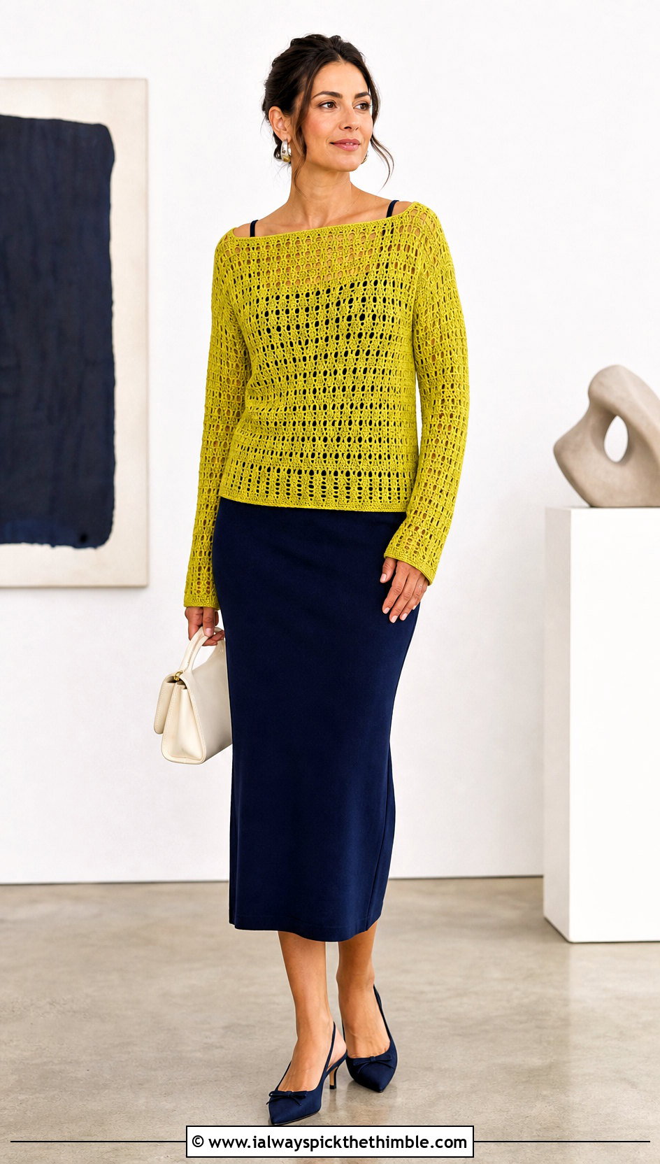 Chartreuse Yellow Crochet Boatneck Sweater With Column Skirt - 20 Crochet Yellow Sweater outfit ideas