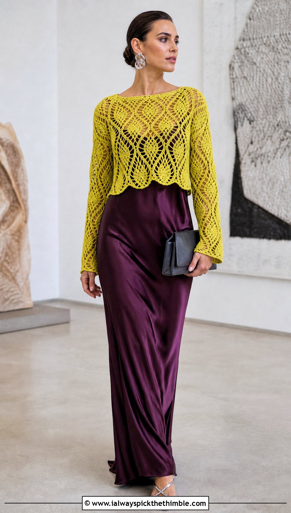 Chartreuse Yellow Pineapple Lace Crochet Sweater With Satin Slip Dress - 15 Yellow Lace Crochet Sweater outfit ideas