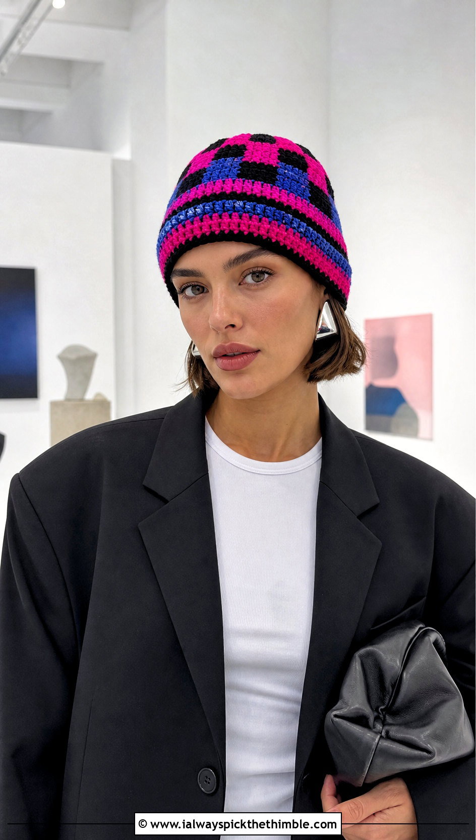 Checker Stripe Crochet Beanie With Oversized Suit - 20 striped crochet beanie outfit ideas