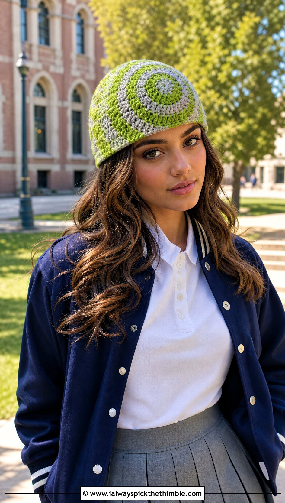 Checker Swirl Crochet Beanie With Varsity Jacket And Pleated Skirt - 15 crochet swirl beanie outfit ideas