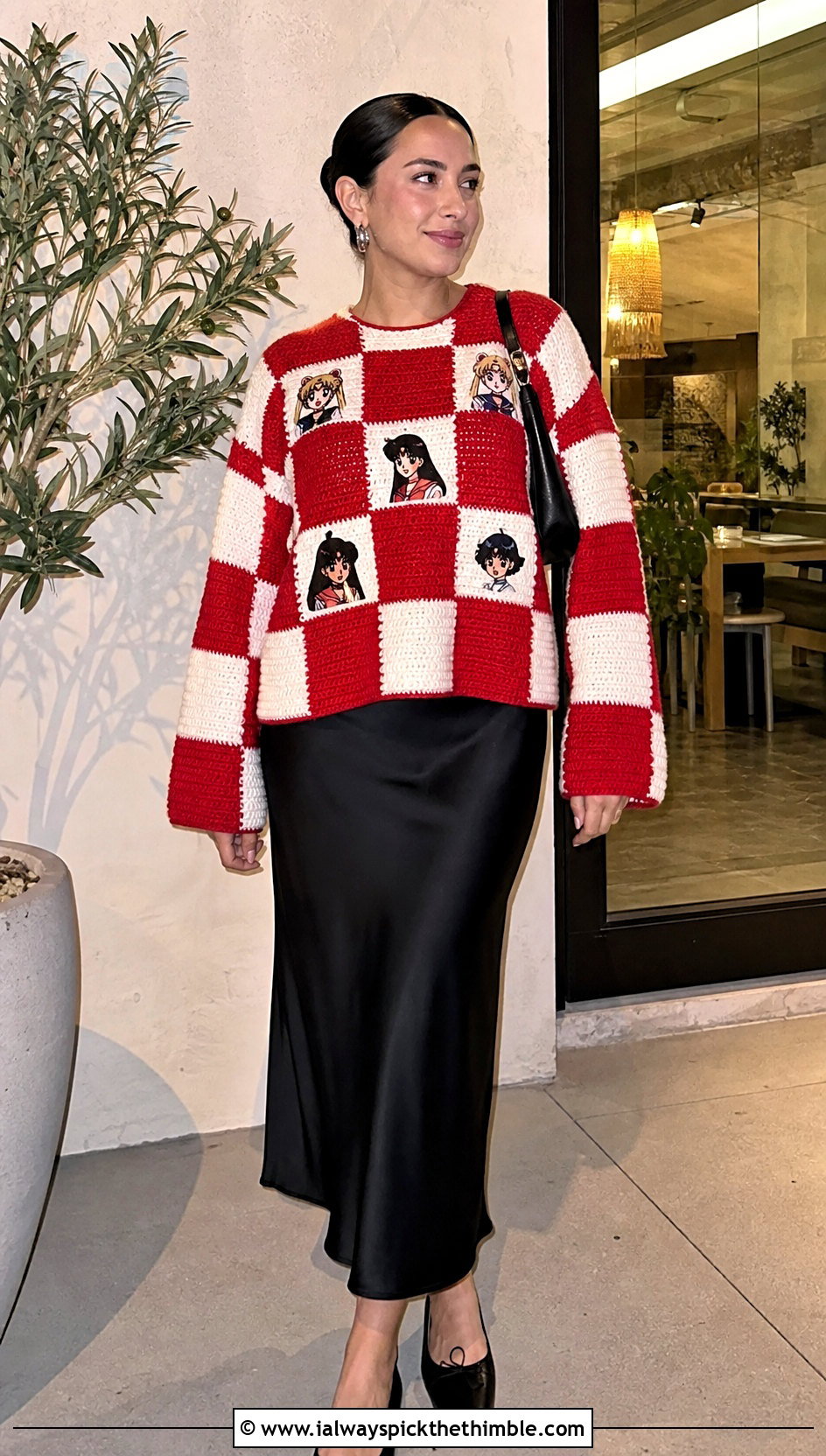 Checkerboard Anime Crochet Sweater With Slip Skirt - 20 Anime Crochet Sweater outfit ideas