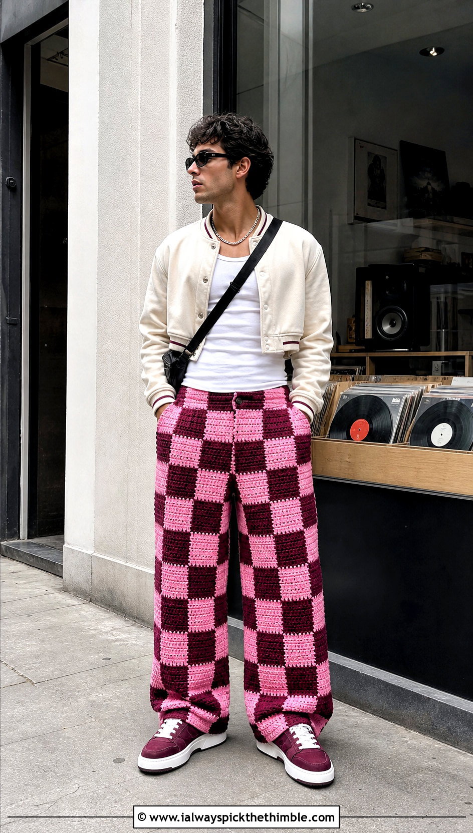 Checkerboard Baggy Crochet Pants With Varsity Jacket - 20 mens crochet pants outfit ideas