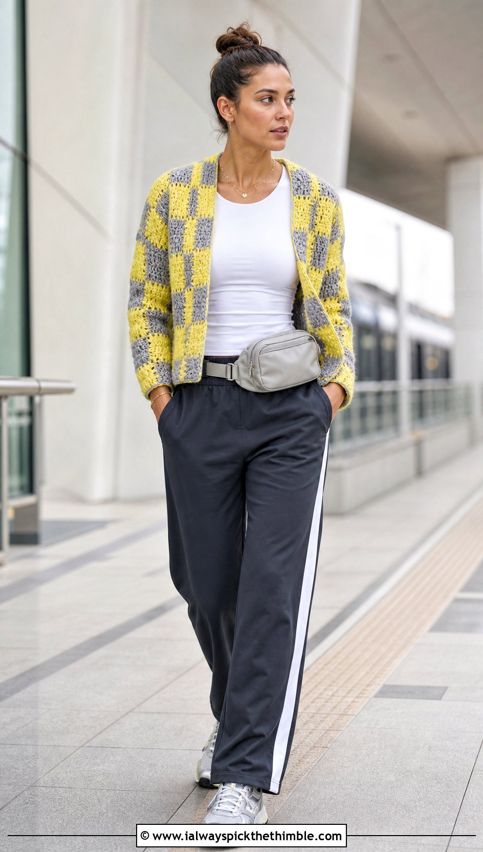 Checkerboard Block Cardigan With Track Pants - 20 crochet block cardigan outfit ideas