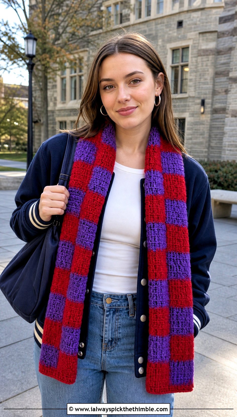 Checkerboard Bonfire Scarf With Varsity Jacket - 20 Crochet Bonfire Scarf outfit ideas