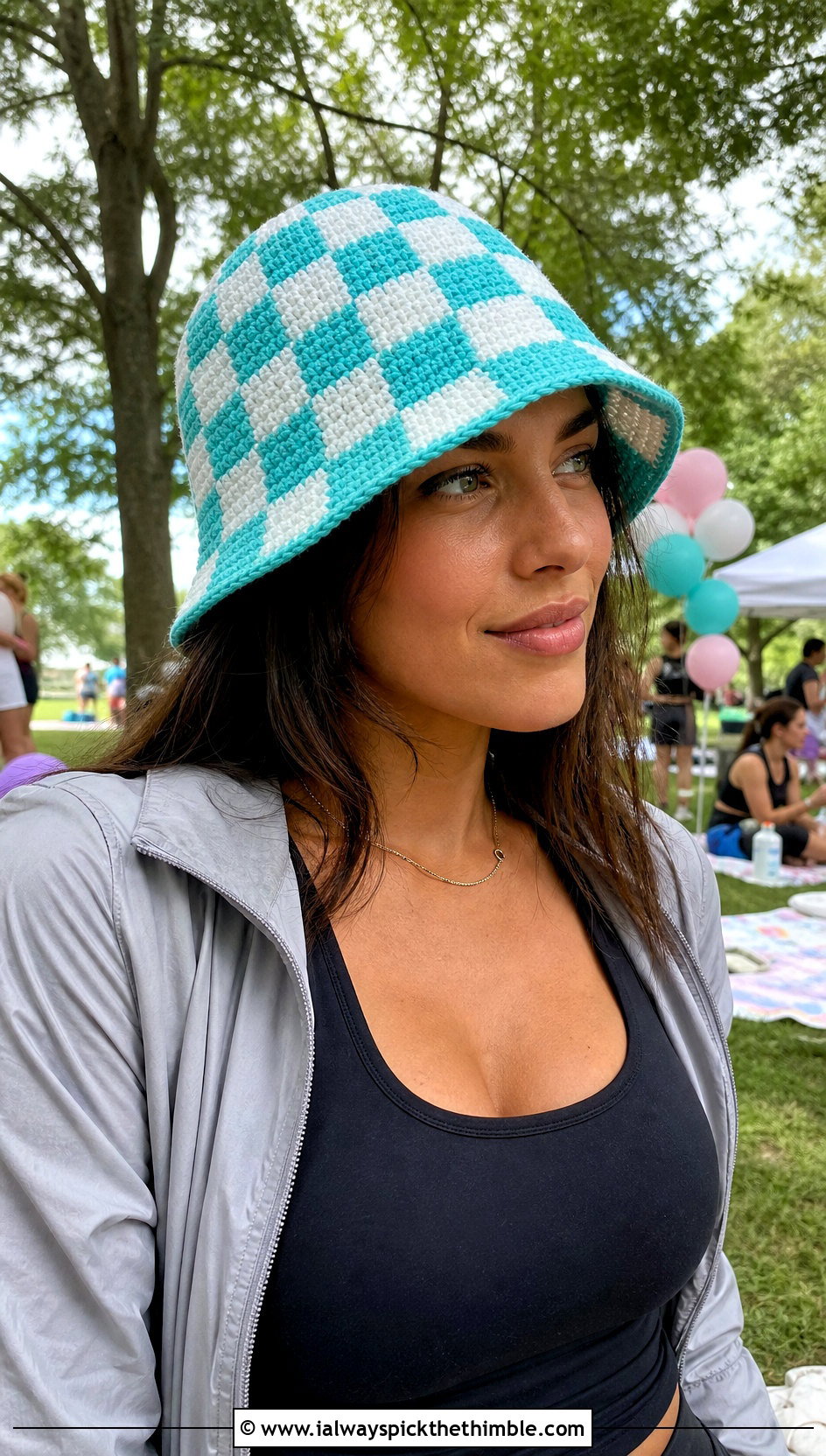Checkerboard Bucket Crochet Birthday Hat With Track Pants - 20 Birthday Crochet Hat outfit ideas