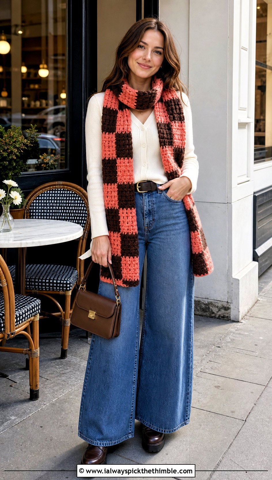 Checkerboard Bulky Yarn Crochet Scarf With Wide Leg Jeans - 20 bulky yarn crochet scarf outfit ideas