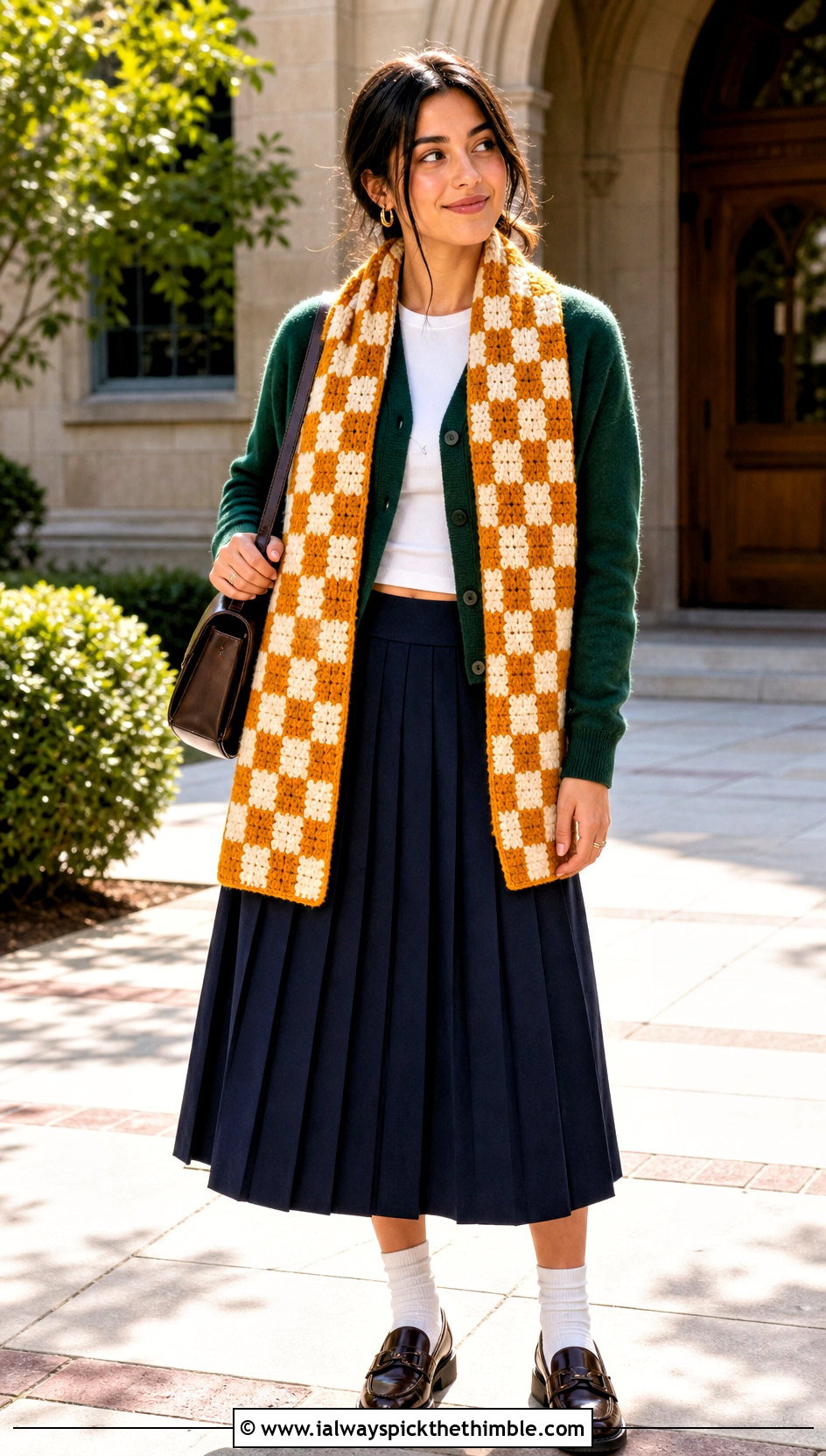 Checkerboard C2C Scarf With Cardigan And Pleated Skirt - 25 c2c crochet scarf outfit ideas