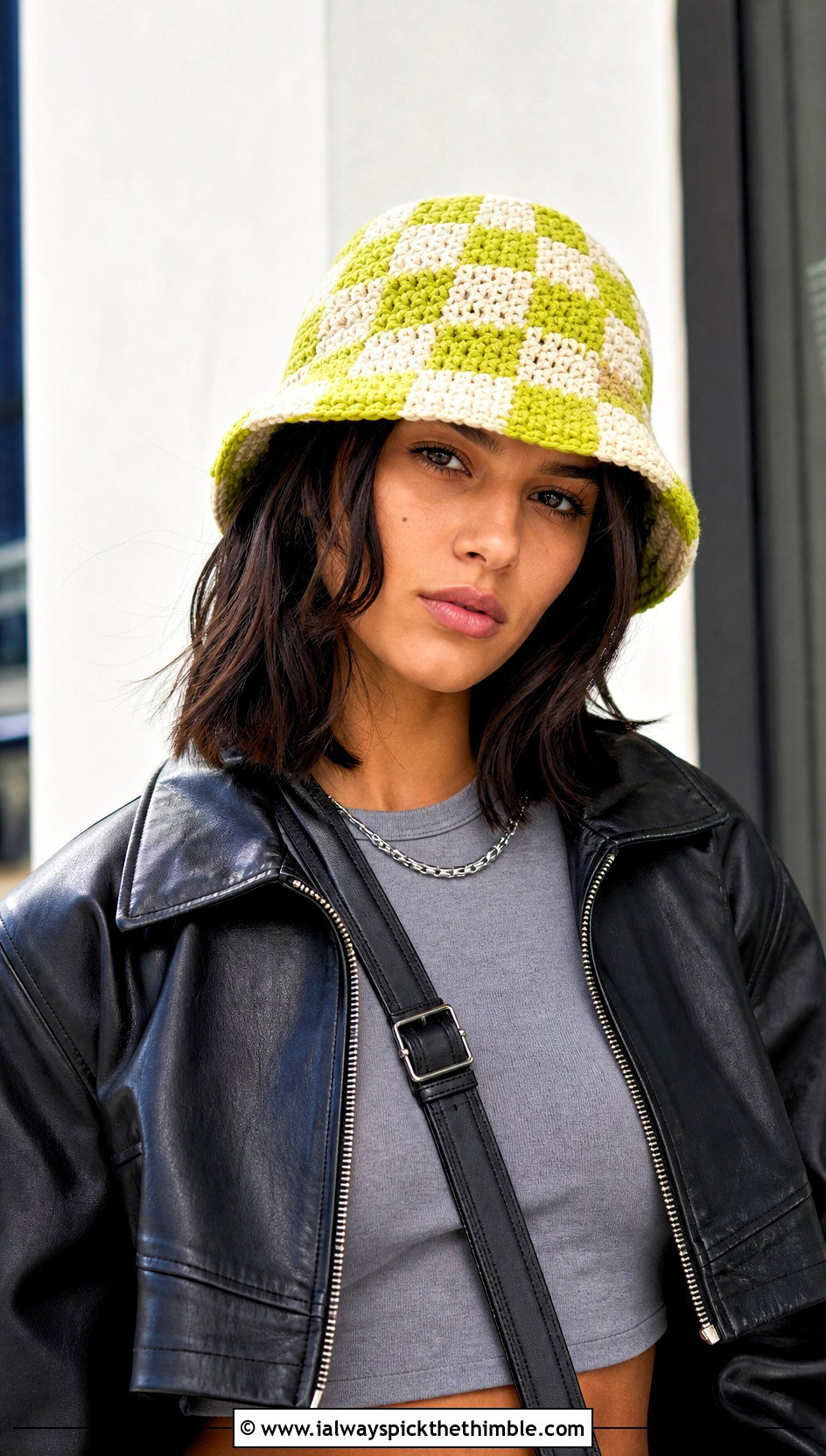 Checkerboard Chunky Crochet Bucket Hat With Leather Jacket - 20 Chunky Crochet Bucket Hat outfit ideas