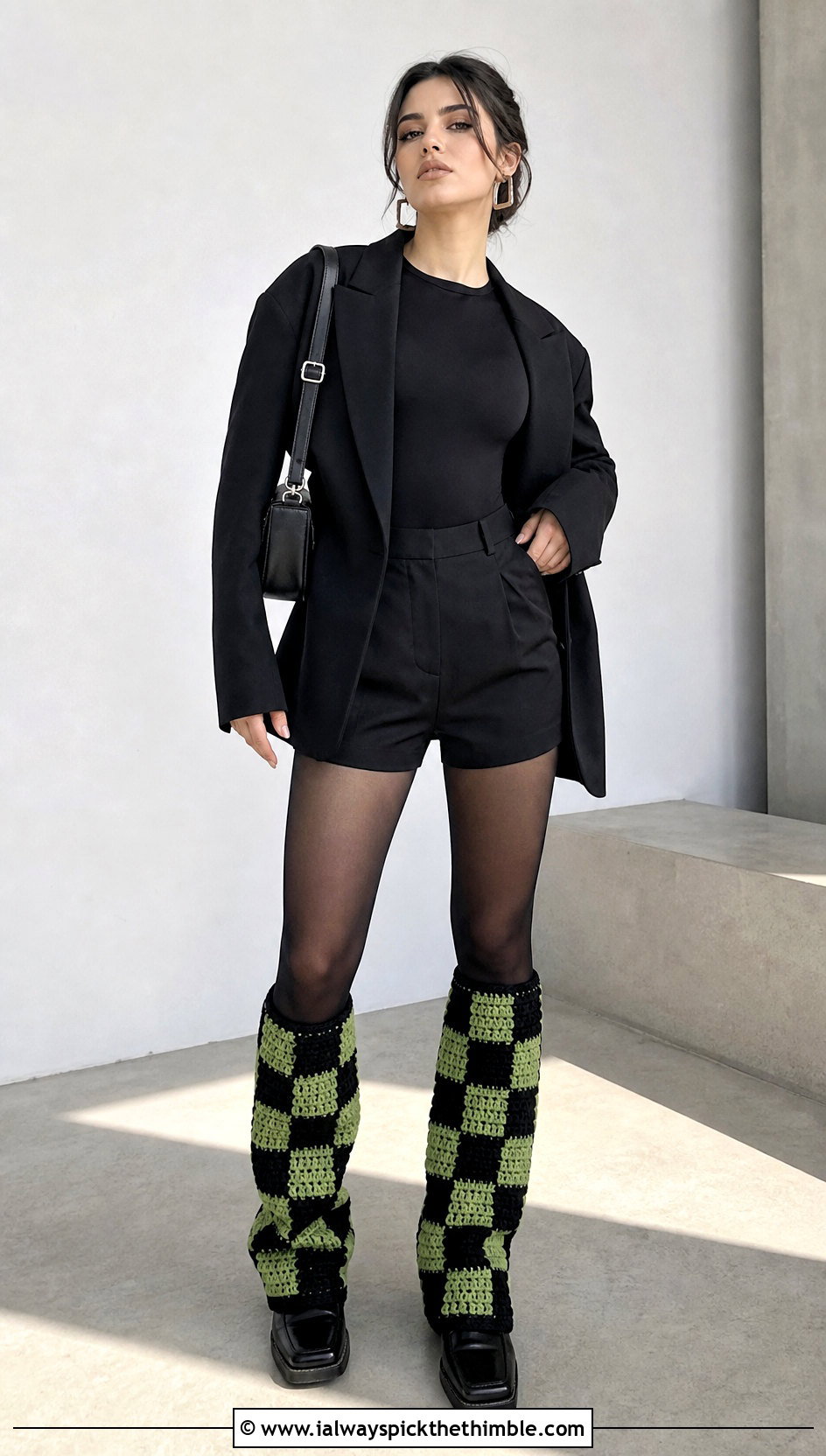 Checkerboard Chunky Crochet Leg Warmers With Oversized Blazer - 20 Chunky Yarn Crochet Leg Warmers outfit ideas