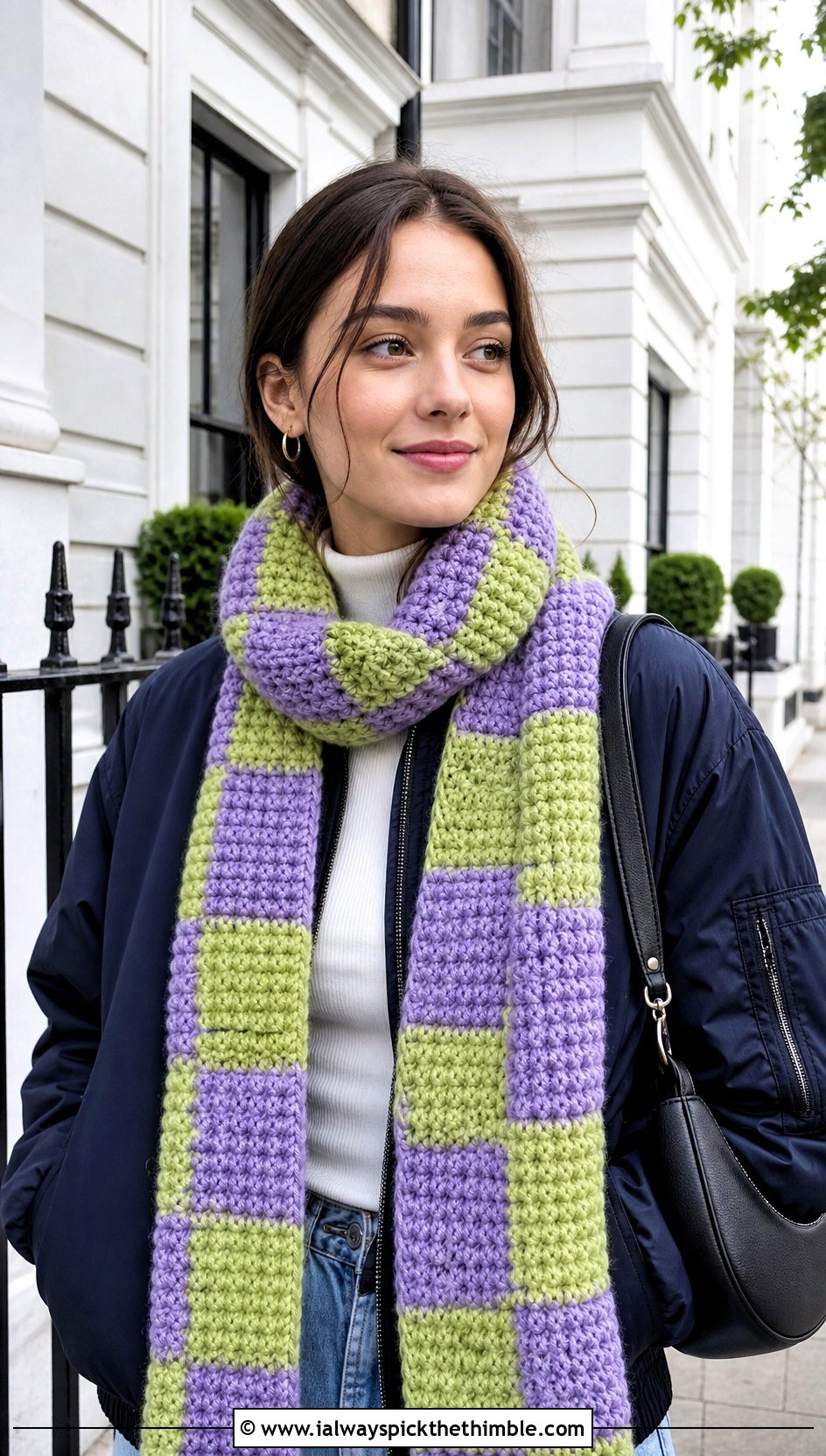 Checkerboard Chunky Crochet Scarf With Bomber Jacket - 25 chunky crochet scarf outfit ideas