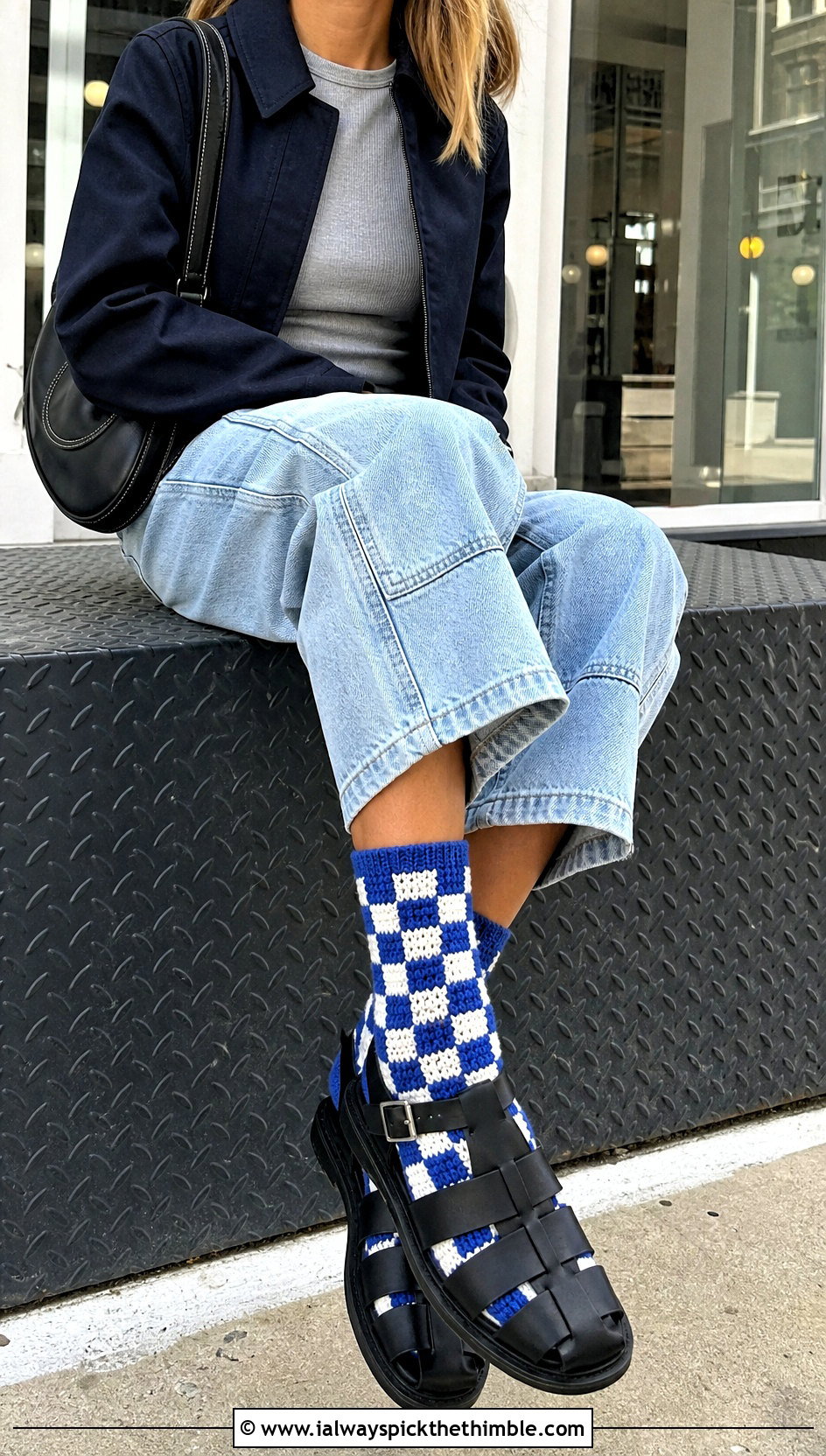 Checkerboard Chunky Crochet Socks With Barrel Jeans - 20 Chunky Crochet Socks outfit ideas