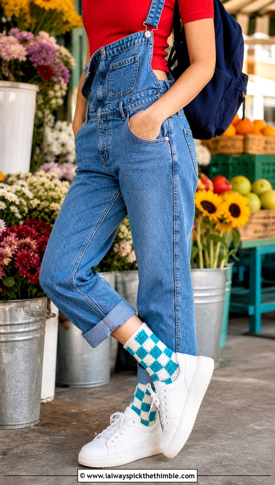 Checkerboard Chunky Crochet Socks With Denim Overalls - 15 crochet sock chunky yarn outfit ideas