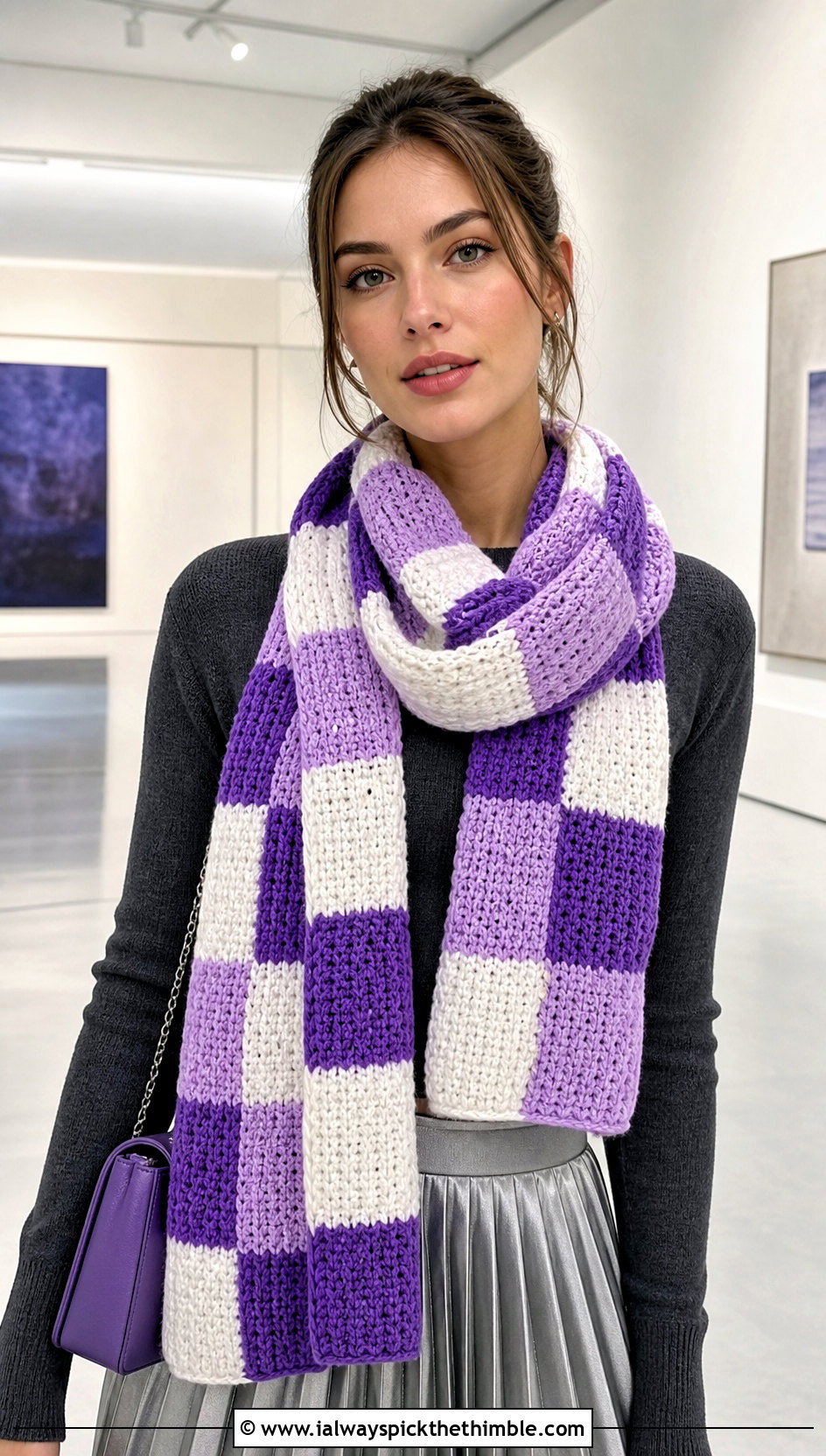 Checkerboard Color Block Crochet Scarf With Midi Skirt - 20 Color Block Crochet Scarf outfit ideas