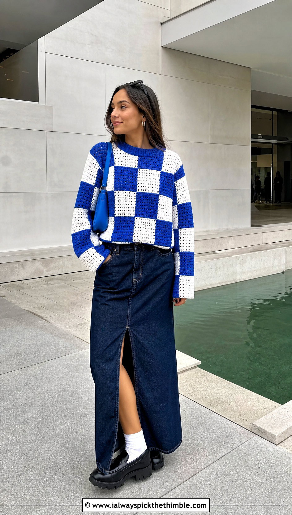 Checkerboard Colourblock Crochet Sweater With Denim Maxi Skirt - 15 Colourblock Crochet Sweater outfit ideas