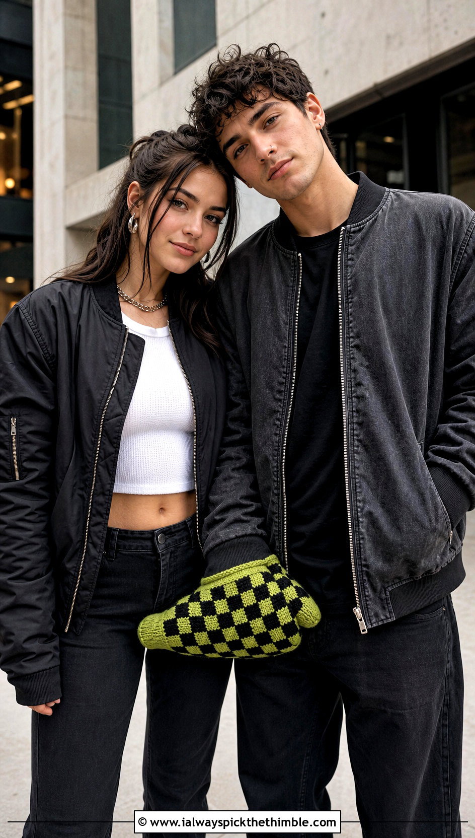 Checkerboard Couple Mittens With Cargo Pants - 20 crochet couple mittens outfit ideas