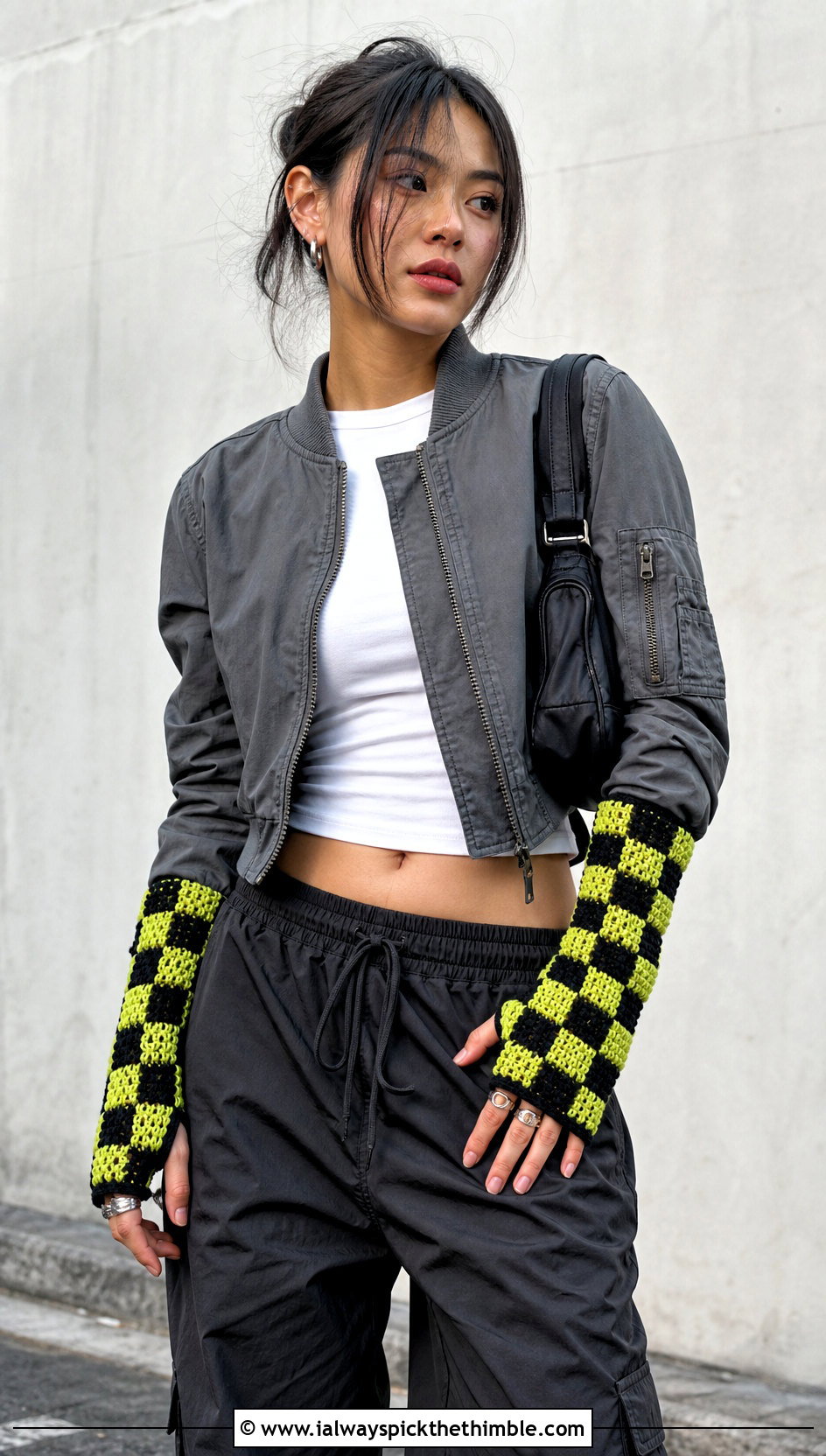 Checkerboard Crochet Arm Warmers With Bomber Jacket And Parachute Pants - 25 crochet arm warmers outfit ideas