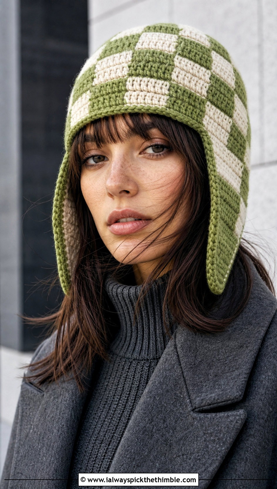 Checkerboard Crochet Aviator Hat With Monochrome Outfit - 20 crochet aviator hat outfit ideas