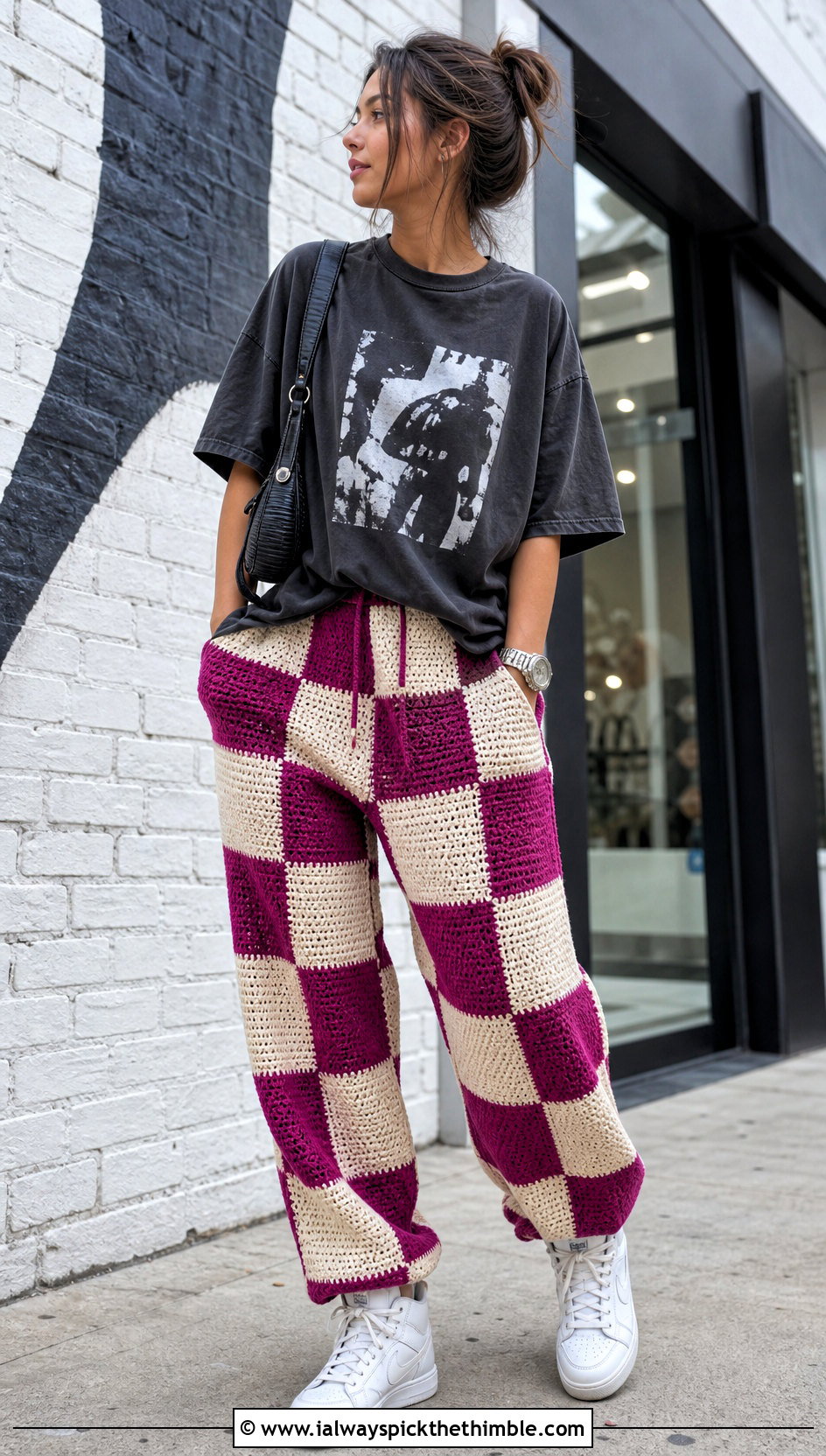 Checkerboard Crochet Baggy Pants With Graphic T Shirt - 25 crochet baggy pants outfit ideas