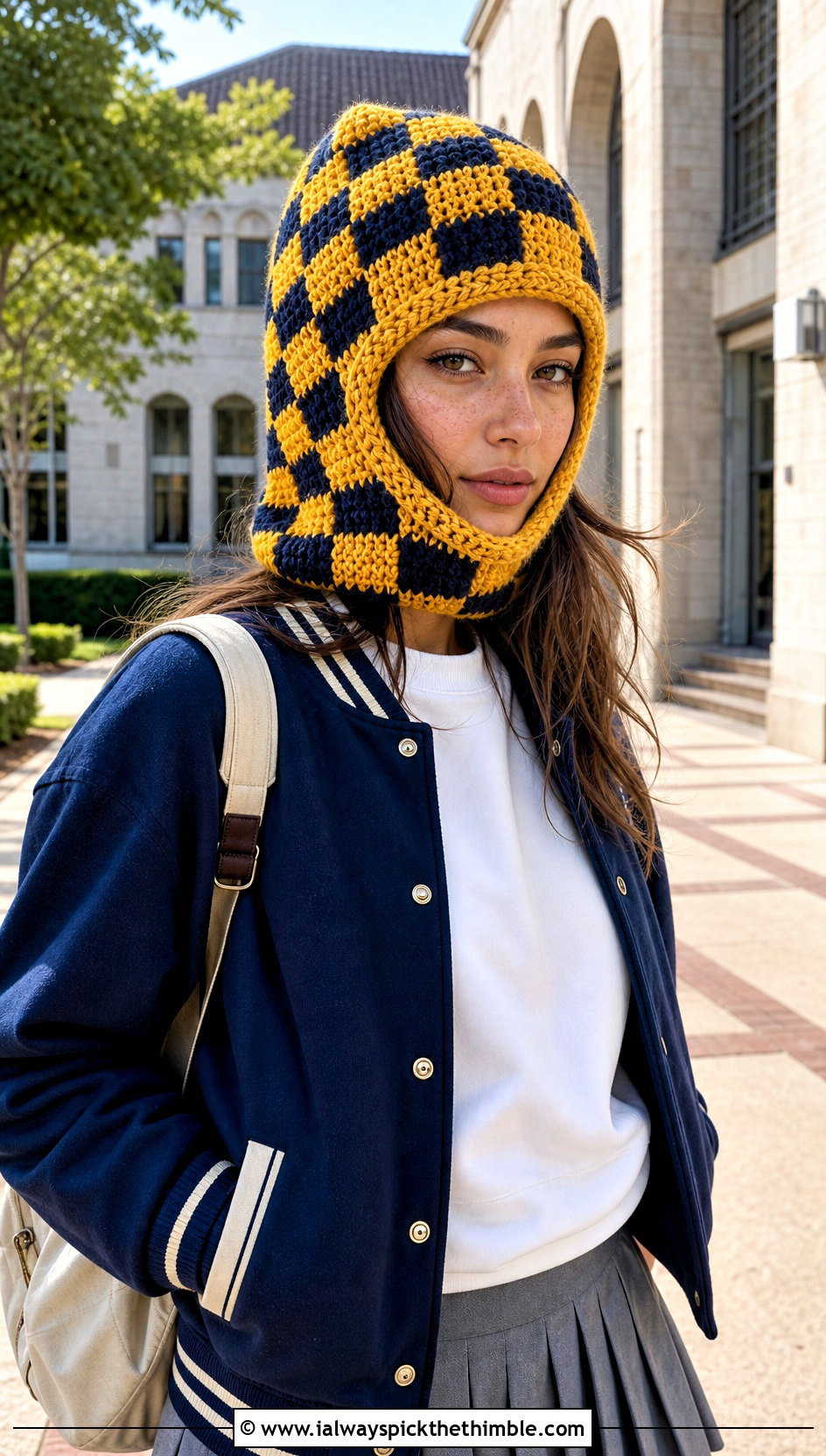 Checkerboard Crochet Balaclava Beanie With Varsity Jacket - 20 crochet balaclava beanie outfit ideas