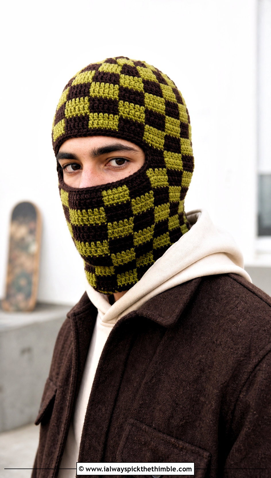 Checkerboard Crochet Balaclava With Overshirt - 20 crochet balaclava for men outfit ideas