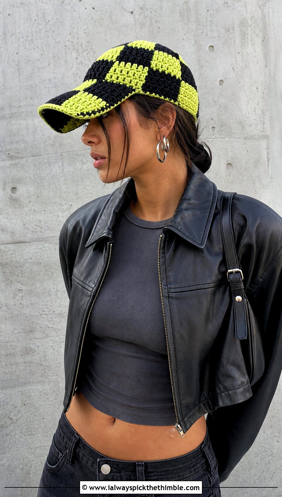 Checkerboard Crochet Baseball Cap With Leather Jacket And Black Denim - 20 crochet baseball cap outfit ideas