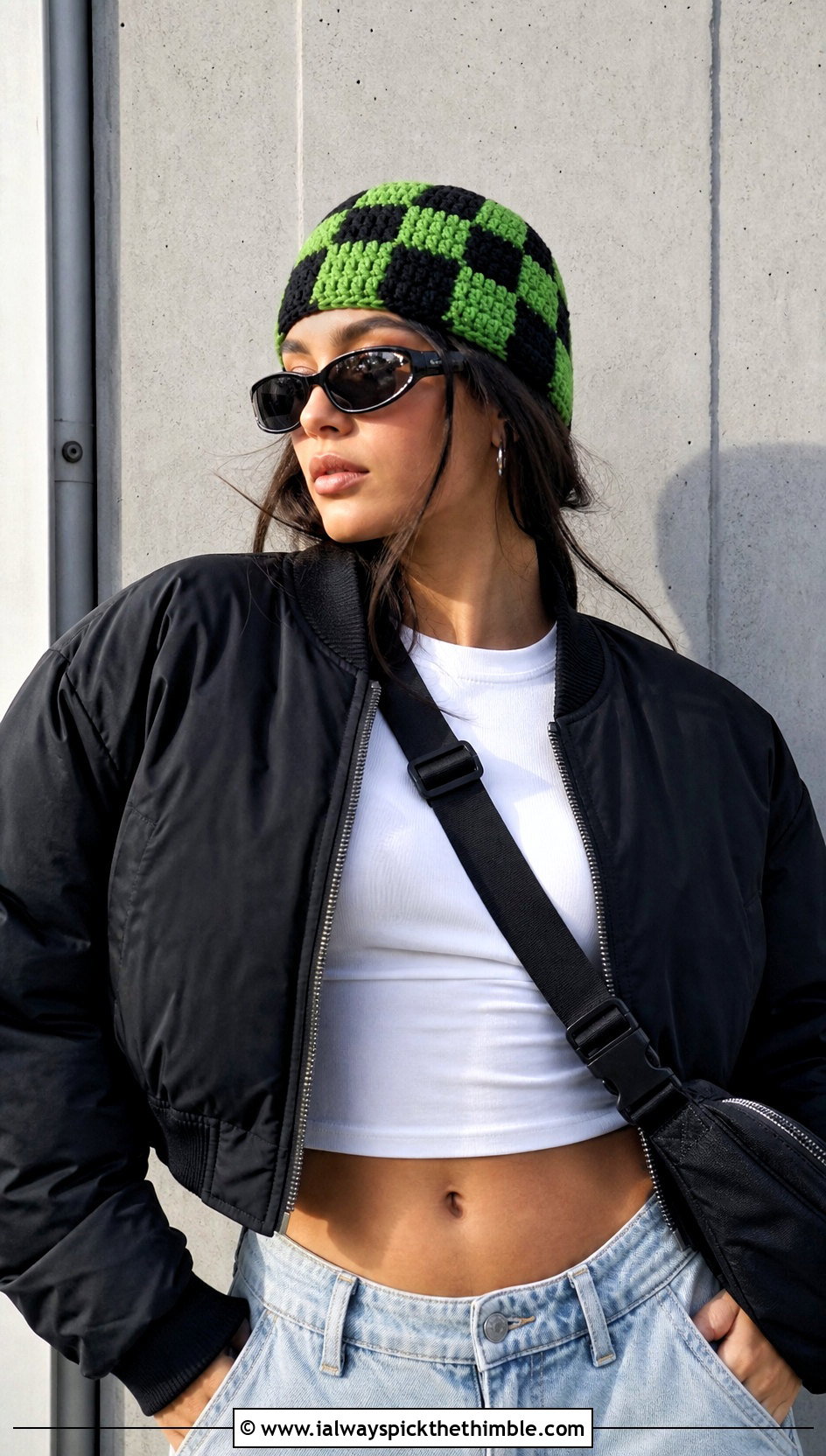 Checkerboard Crochet Beanie With Bomber Jacket And Baggy Jeans - 15 Easy Crochet Projects Beanie outfit ideas