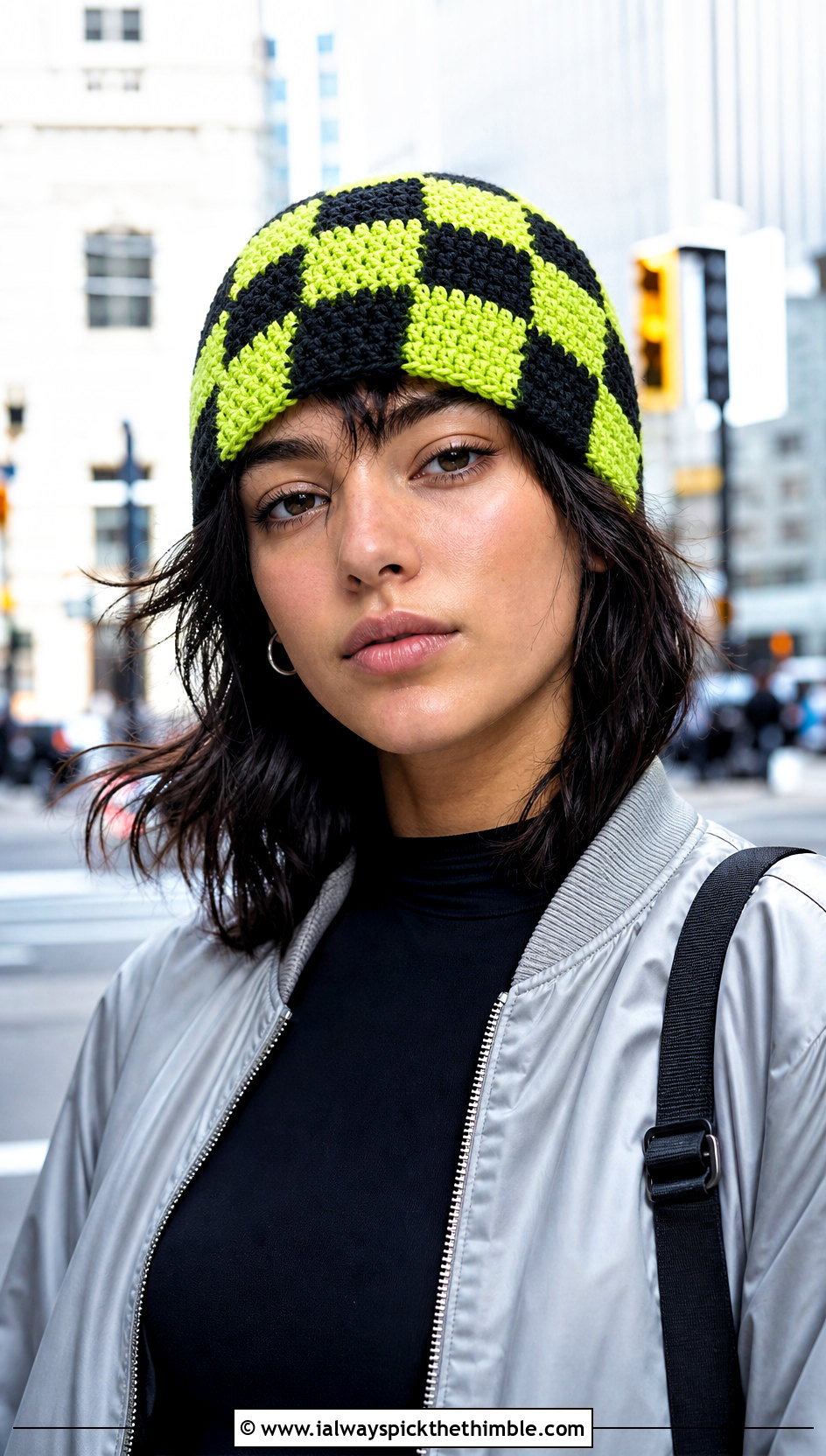 Checkerboard Crochet Beanie With Bomber Jacket And Parachute Pants - 20 crochet beanies for women outfit ideas