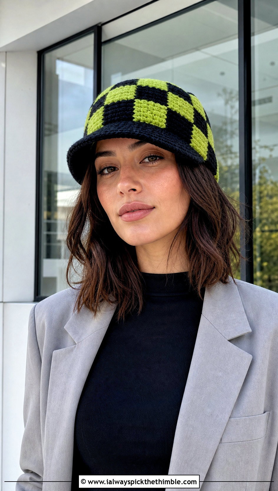 Checkerboard Crochet Beanie With Oversized Blazer - 20 Crochet Beanie With Brim outfit ideas
