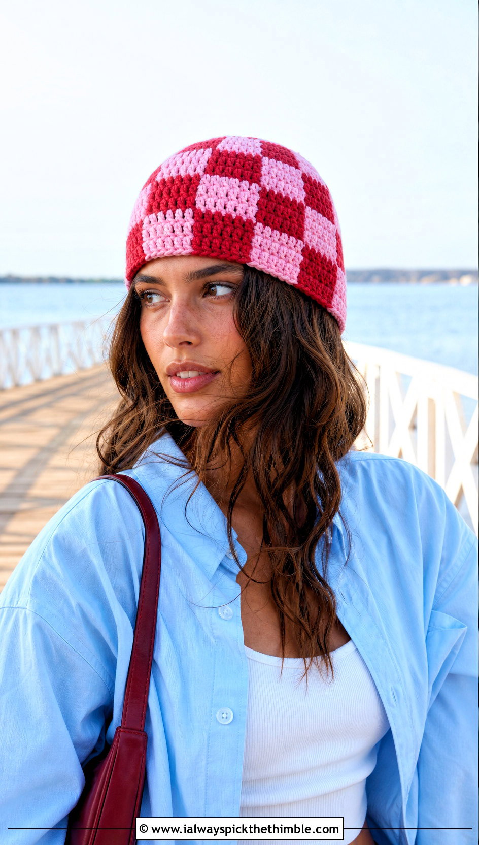 Checkerboard Crochet Beanie With Oversized Shirt - 20 lakeside crochet beanie outfit ideas