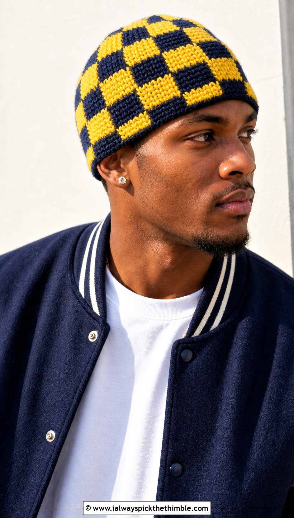 Checkerboard Crochet Beanie With Varsity Jacket - 25 men's crochet beanie outfit ideas