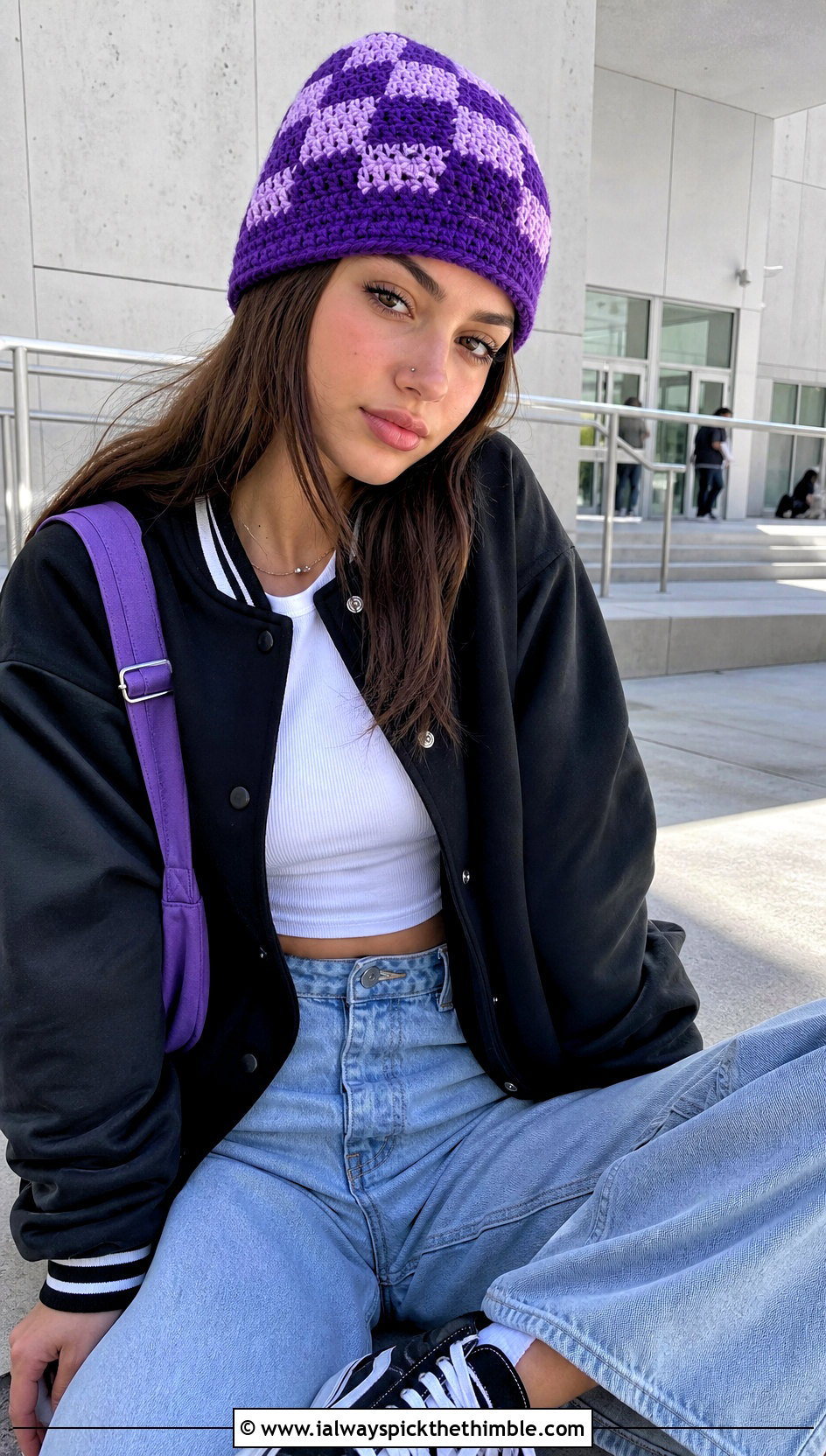 Checkerboard Crochet Beanie With Varsity Jacket And Baggy Jeans - 20 Fast Crochet Beanie outfit ideas