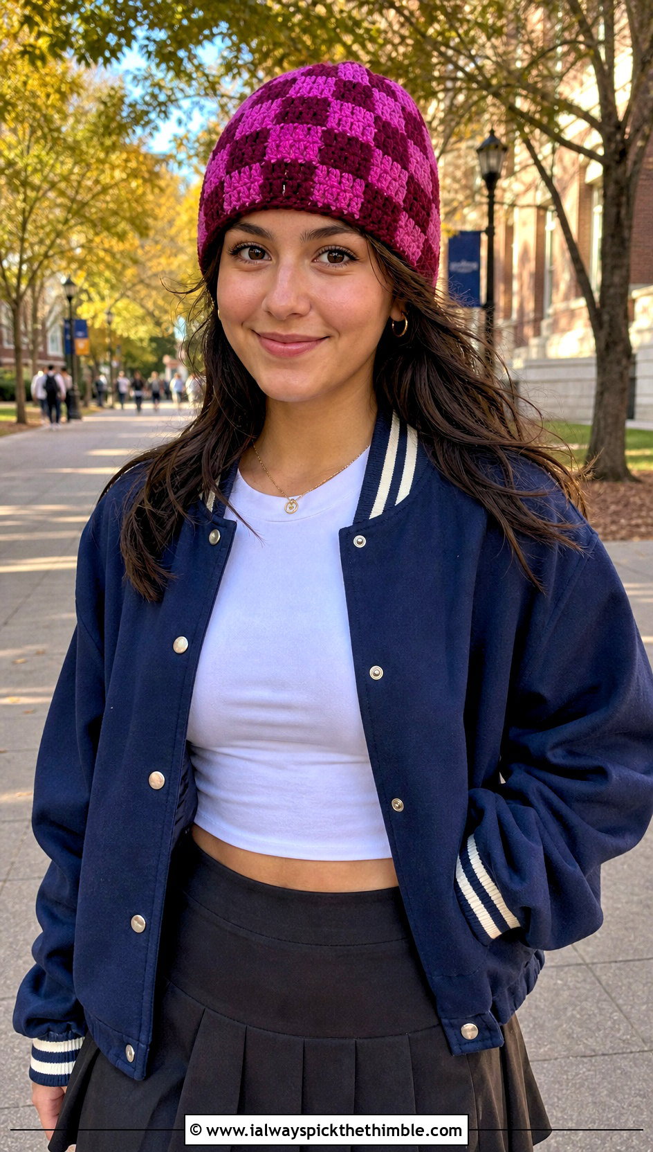 Checkerboard Crochet Beanie With Varsity Jacket - 20 Fall Crochet Beanie outfit ideas