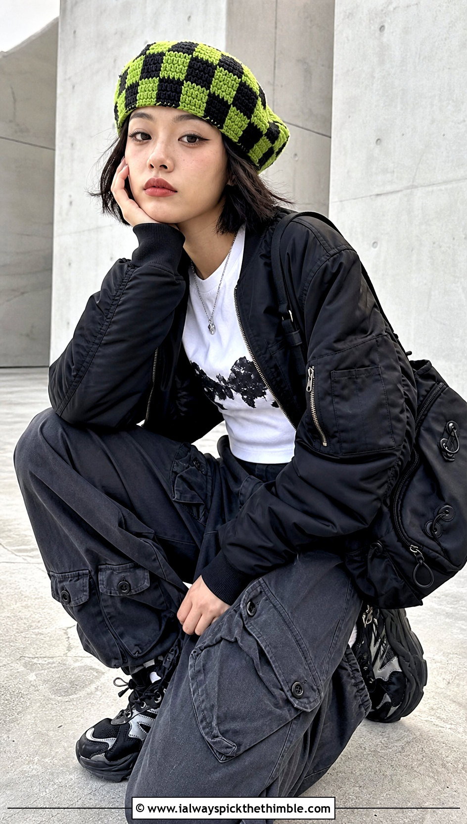 Checkerboard Crochet Beret With Graphic Tee And Cargo Pants - 25 crochet beret outfit ideas