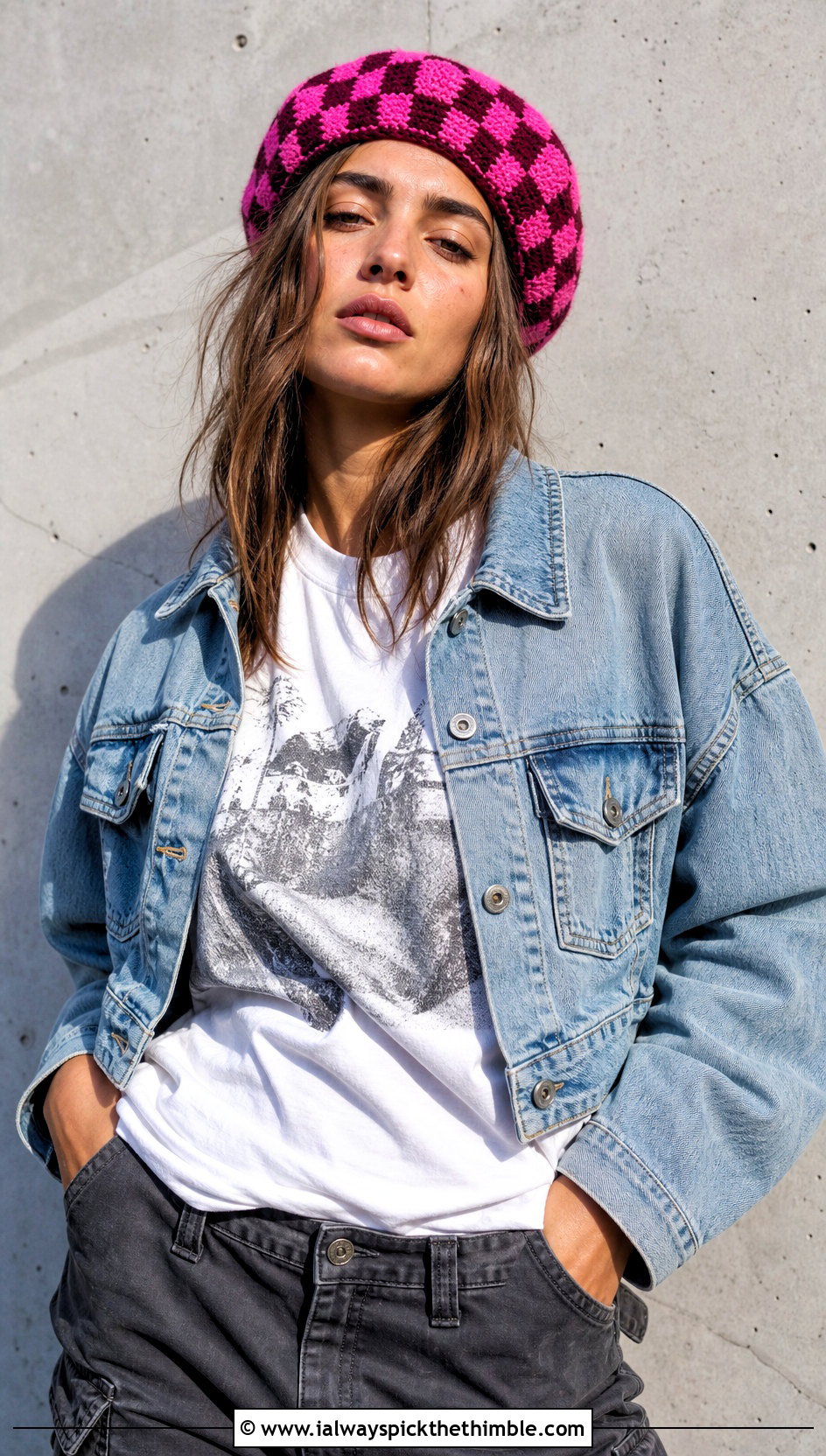 Checkerboard Crochet Beret With Graphic Tee And Cargo Pants - 15 simple crochet beret outfit ideas