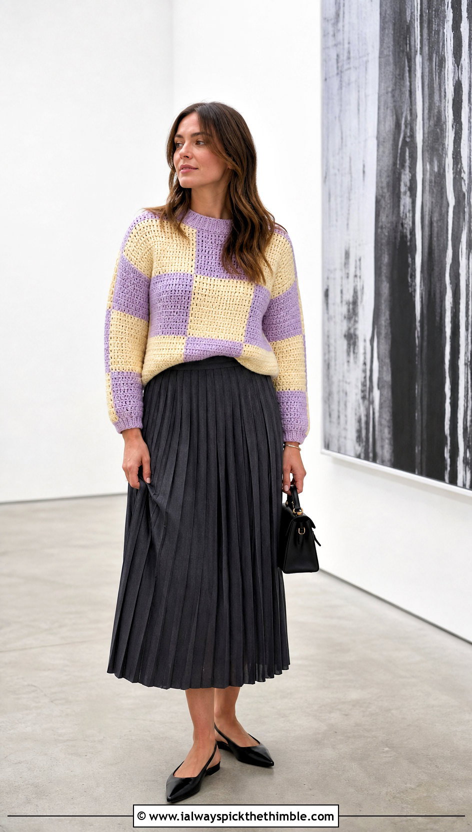 Checkerboard Crochet Block Sweater With Pleated Midi Skirt - 20 crochet block sweater outfit ideas