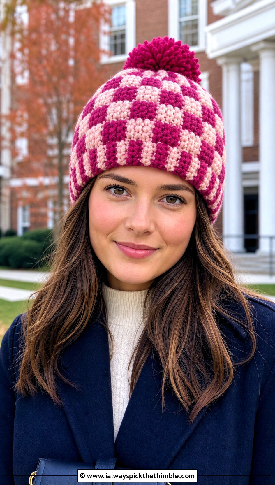 Checkerboard Crochet Bobble Hat With Preppy Outfit - 20 crochet bobble hat outfit ideas