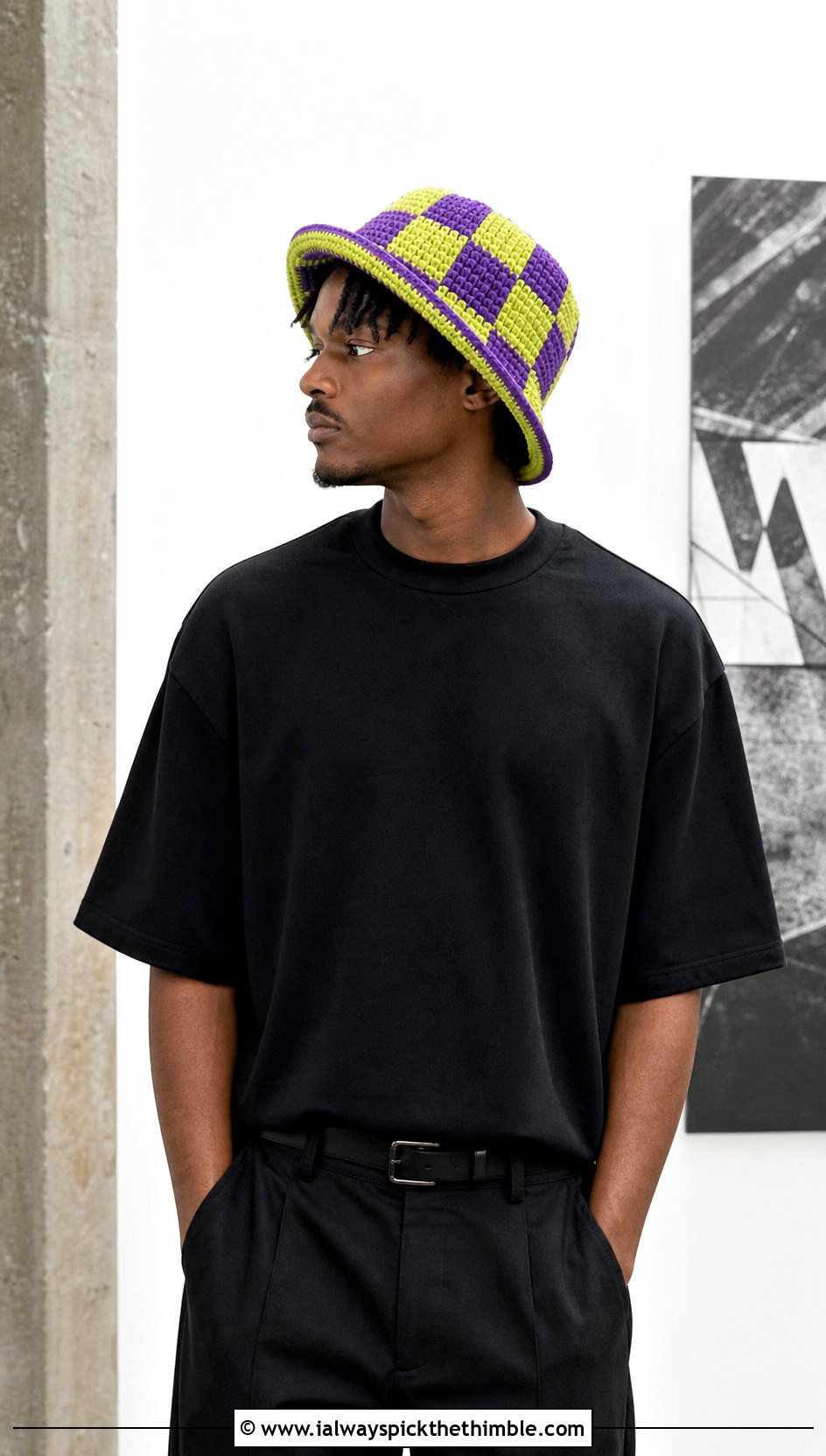 Checkerboard Crochet Bucket Hat With Black T Shirt And Wide Leg Pants - 25 men crochet bucket hat outfit ideas