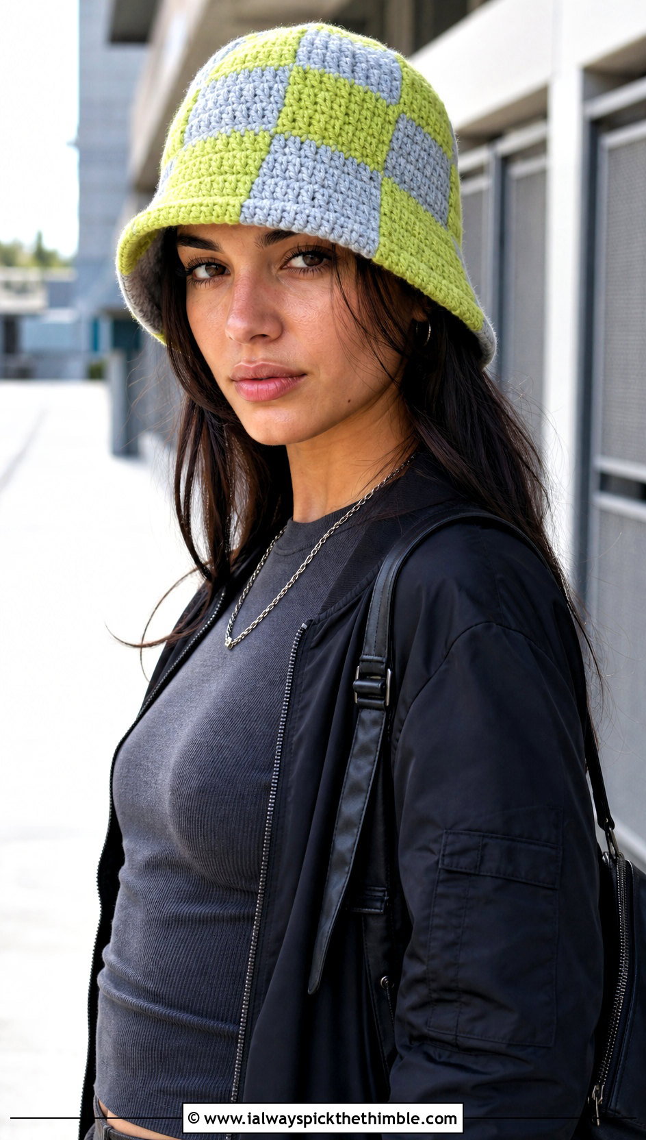 Checkerboard Crochet Bucket Hat With Cargo Pants - 25 crochet bucket hat outfit ideas