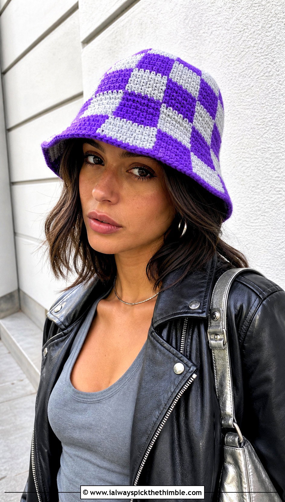 Checkerboard Crochet Bucket Hat With Leather Jacket - 20 crochet bucket hat ideas